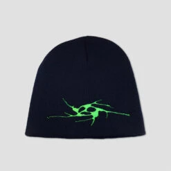 Limosine Spiral Skully Embroidered Beanie Navy / Neon Green