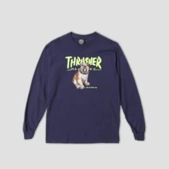 Thrasher X Slam City Skates Bulldog Longsleeve T-Shirt Navy -Slam City Shop thrasher t shirt thrasher x slam city skates bulldog longsleeve t shirt navy 29697726251078